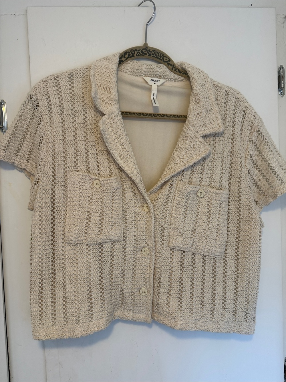 OBJECT Cream Open-Knit Short Sleeve Button Cardigan